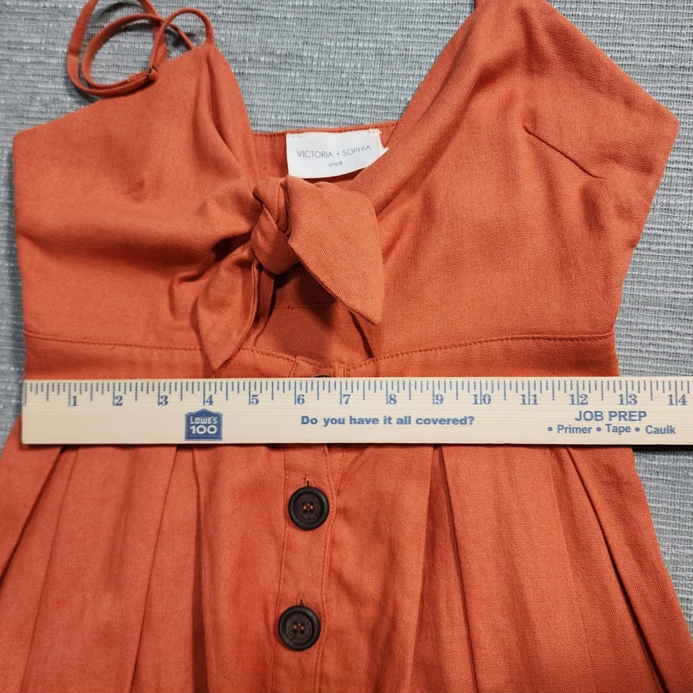 Victoria + Sophia Burnt Orange Linen Blend Tie Front Button Midi Dress Small - Picture 6 of 10